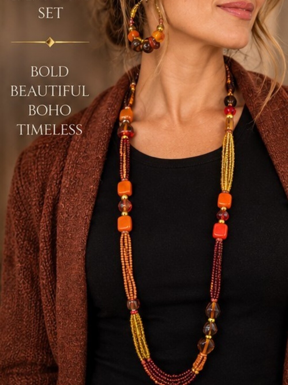 PUNCH NWT Boho Multi Strand Glass Bead Necklace Hoop Earrings Set